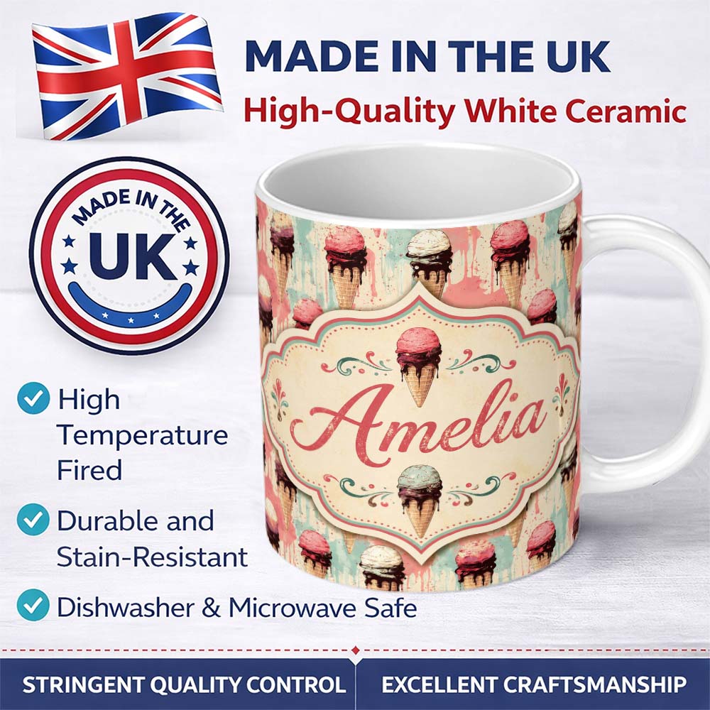 Personalized Custom Name Grunge Style Melting Ice Cream Cones with Paint Splash Background 11oz Ceramic Coffee Tea Mug White Large Handle