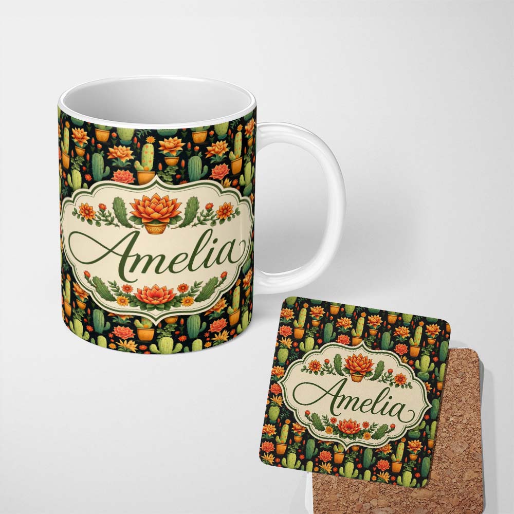 Personalized Custom Name Stylish Decorative Cactus and Floral Pots on Dark Seamless Pattern 11oz Ceramic Coffee Tea Mug White Large Handle