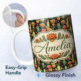 Personalized Custom Name Stylish Decorative Cactus and Floral Pots on Dark Seamless Pattern 11oz Ceramic Coffee Tea Mug White Large Handle