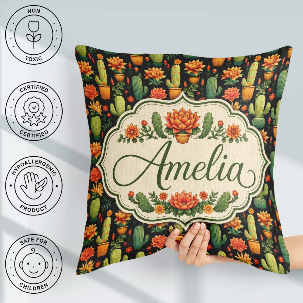 Custom Name Decorative Cactus and Pots on Dark Seamless Pattern Square Filled Cushion Throw Pillow Sofa Bed Home Decor Zip Washable UK Made