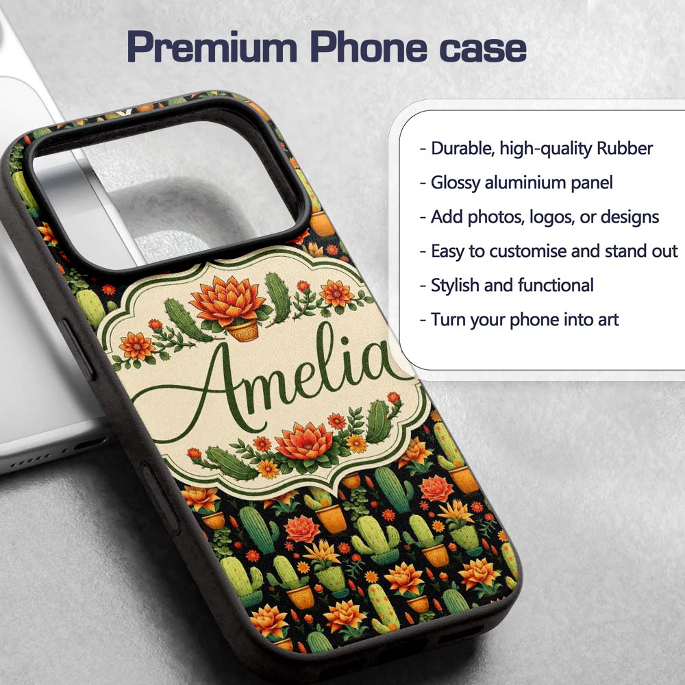 Stylish Decorative Cactus and Floral Pots on Dark Custom Name Protective Phone Case Mobile Cover Durable Everyday Smartphone Shock Resistant