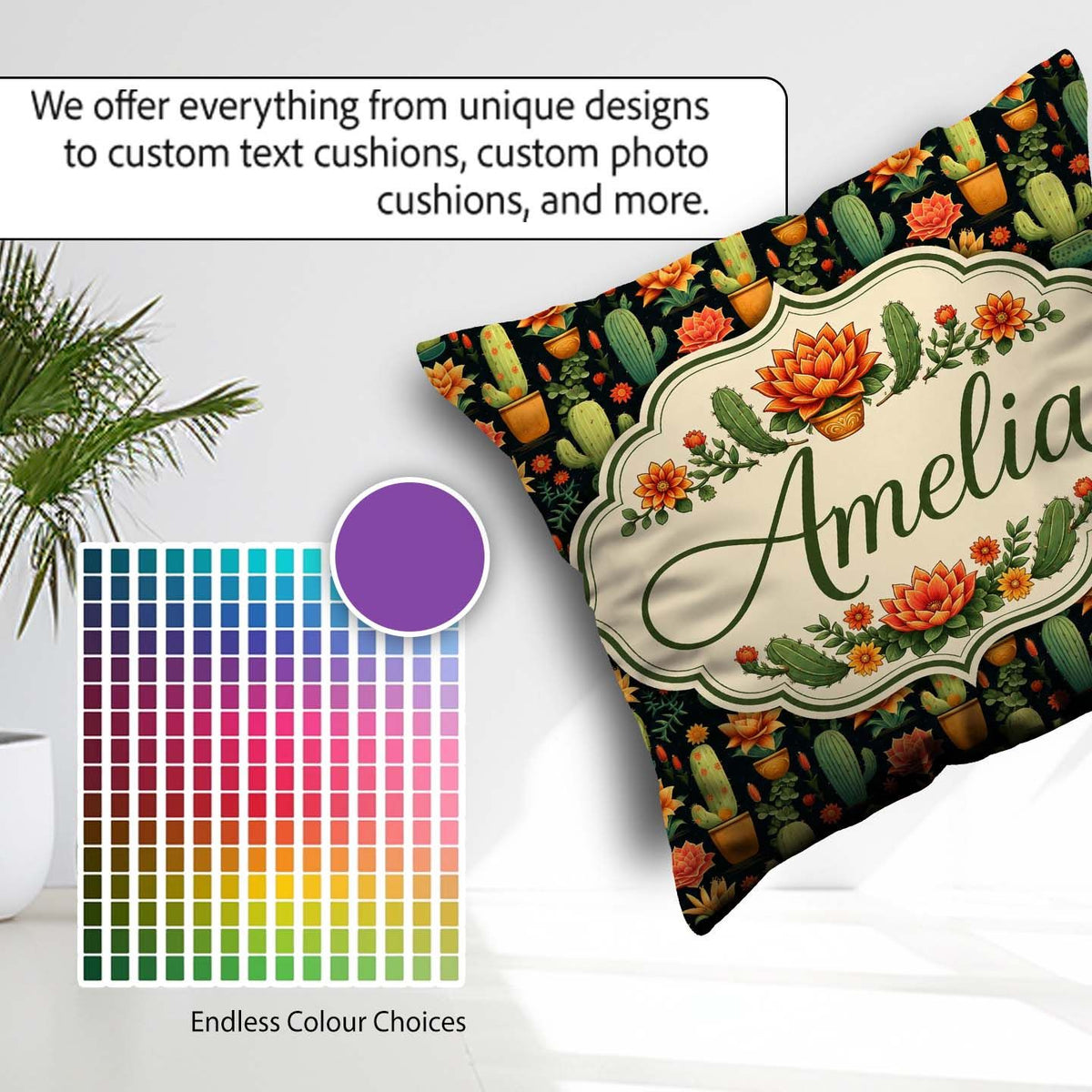 Custom Name Decorative Cactus and Pots on Dark Seamless Pattern Square Filled Cushion Throw Pillow Sofa Bed Home Decor Zip Washable UK Made