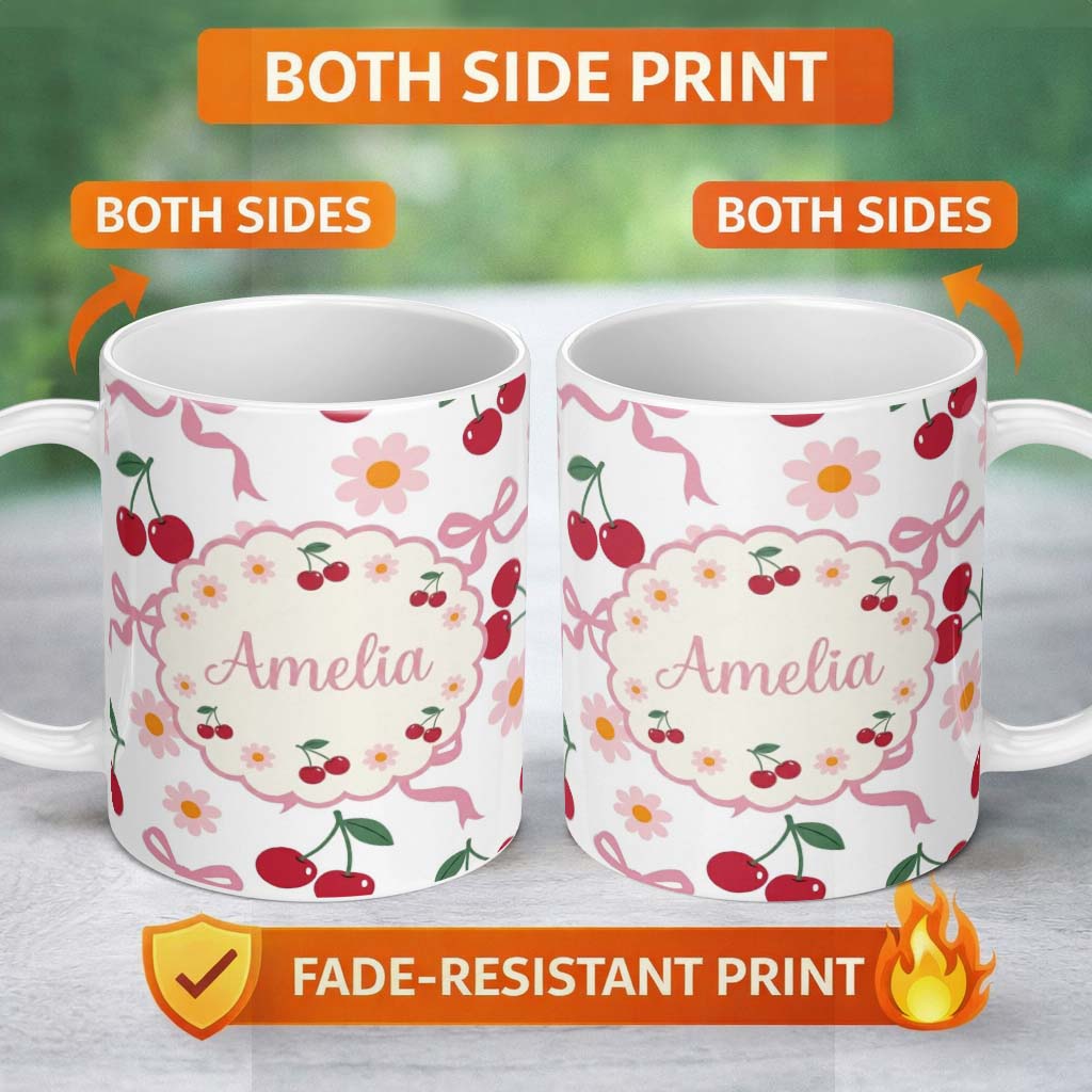 Personalized Custom Name Cute Cherry and Daisy Flowers with Pink Ribbon Bows Light Grey 11oz Ceramic Coffee Tea Mug White Large Handle