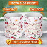 Personalized Custom Name Cute Cherry and Daisy Flowers with Pink Ribbon Bows Light Grey 11oz Ceramic Coffee Tea Mug White Large Handle