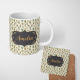 Personalized Custom Name Vintage Potted Cactus and Succulent Botanical Seamless Pattern Name 11oz Ceramic Coffee Tea Mug White Large Handle