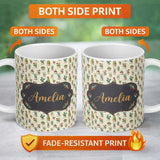 Personalized Custom Name Vintage Potted Cactus and Succulent Botanical Seamless Pattern Name 11oz Ceramic Coffee Tea Mug White Large Handle