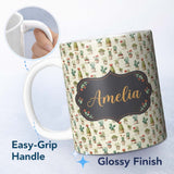 Personalized Custom Name Vintage Potted Cactus and Succulent Botanical Seamless Pattern Name 11oz Ceramic Coffee Tea Mug White Large Handle