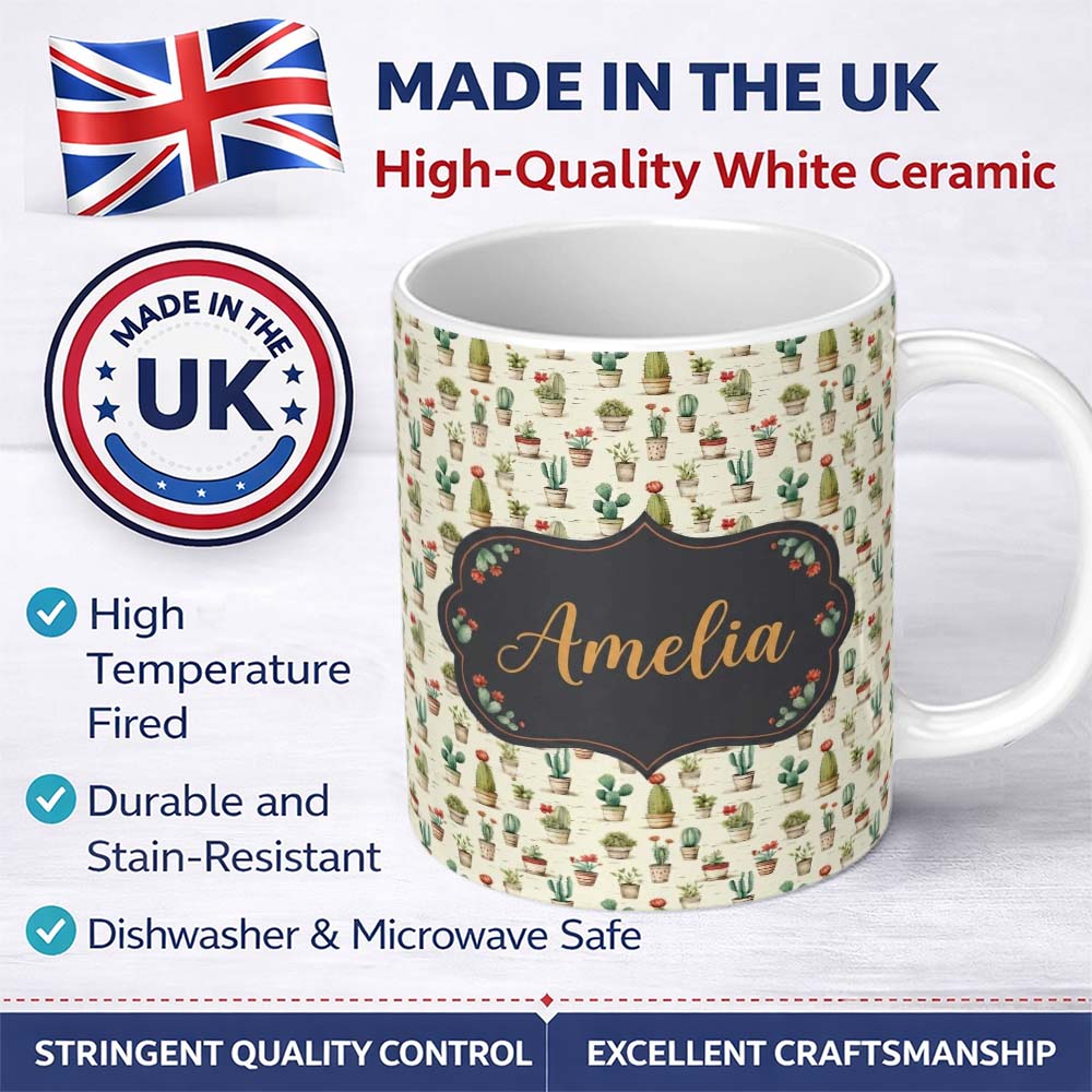 Personalized Custom Name Vintage Potted Cactus and Succulent Botanical Seamless Pattern Name 11oz Ceramic Coffee Tea Mug White Large Handle