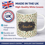 Personalized Custom Name Vintage Potted Cactus and Succulent Botanical Seamless Pattern Name 11oz Ceramic Coffee Tea Mug White Large Handle
