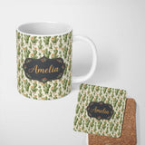 Personalized Custom Name Soft Green Cactus with Cream Flower Illustration Seamless Pattern 11oz Ceramic Coffee Tea Mug White Large Handle