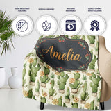 Soft Green Cactus with Cream Flower Illustration Seamless Pattern  Personalised Custom Name Super Soft Fleece Blanket Bed Sofa Throw