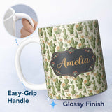 Personalized Custom Name Soft Green Cactus with Cream Flower Illustration Seamless Pattern 11oz Ceramic Coffee Tea Mug White Large Handle