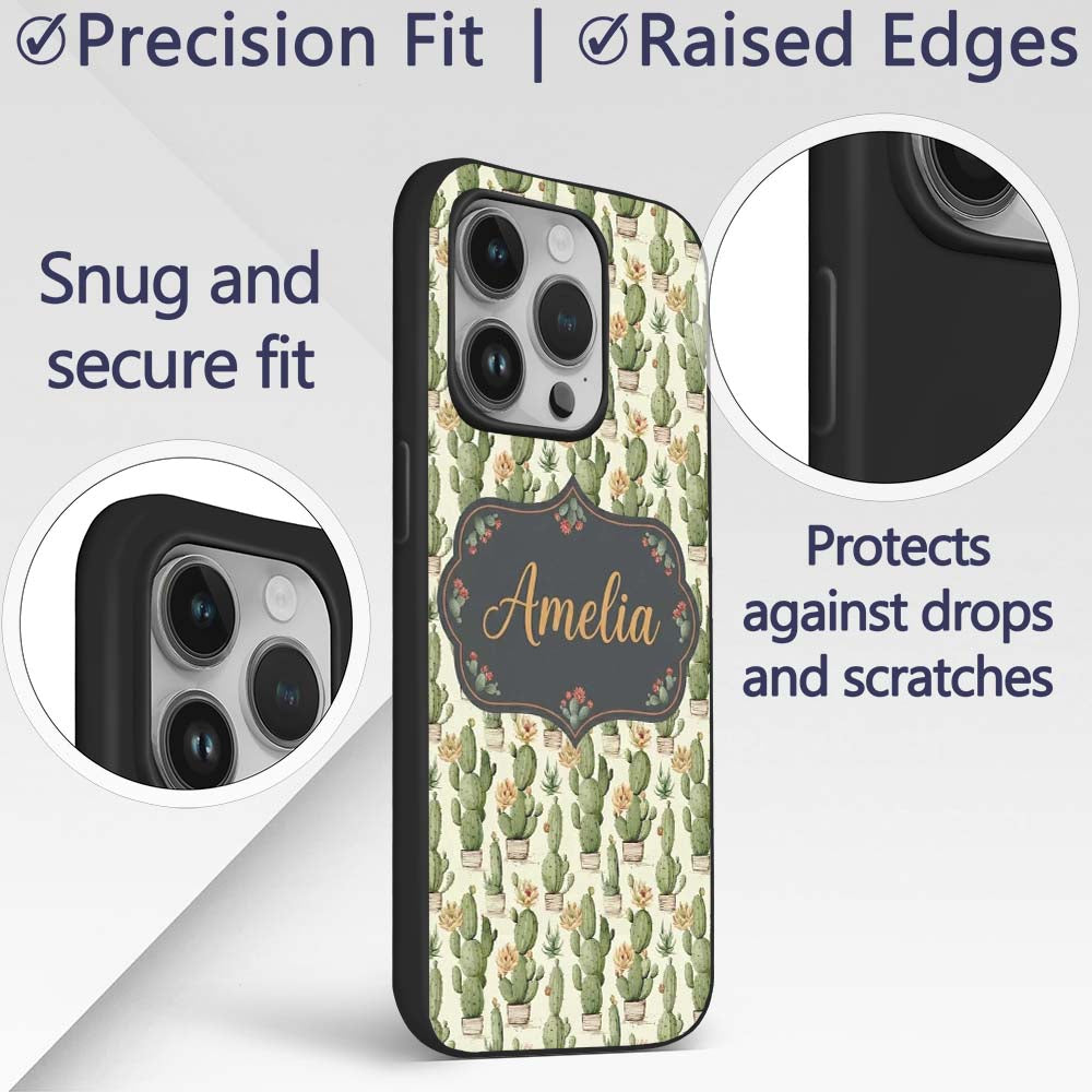 Soft Green Cactus with Cream Flower Illustration Custom Name Protective Phone Case Mobile Cover Durable Everyday Smartphone Shock Resistant