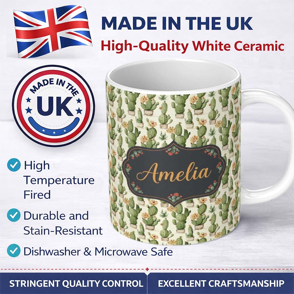 Personalized Custom Name Soft Green Cactus with Cream Flower Illustration Seamless Pattern 11oz Ceramic Coffee Tea Mug White Large Handle