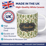 Personalized Custom Name Soft Green Cactus with Cream Flower Illustration Seamless Pattern 11oz Ceramic Coffee Tea Mug White Large Handle