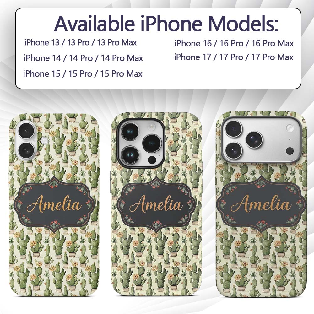 Soft Green Cactus with Cream Flower Illustration Custom Name Protective Phone Case Mobile Cover Durable Everyday Smartphone Shock Resistant