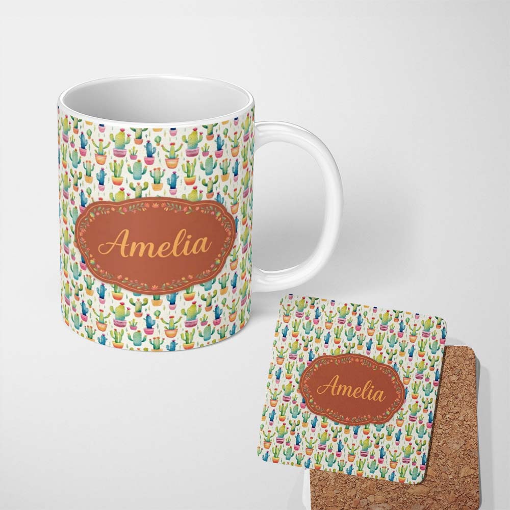 Personalized Custom Name Colourful Watercolor Cactus Pots Fun Seamless Pattern Name Cute 11oz Ceramic Coffee Tea Mug White Large Handle