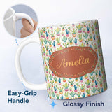 Personalized Custom Name Colourful Watercolor Cactus Pots Fun Seamless Pattern Name Cute 11oz Ceramic Coffee Tea Mug White Large Handle
