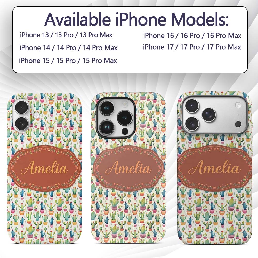 Colourful Watercolor Cactus Pots Fun Seamless Custom Name Protective Phone Case Mobile Cover Durable Everyday Smartphone Shock Resistant
