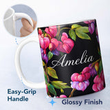 Personalized Custom Name Vibrant Pink Bleeding Heart Flowers Dark Background Floral Pattern 11oz Ceramic Coffee Tea Mug White Large Handle