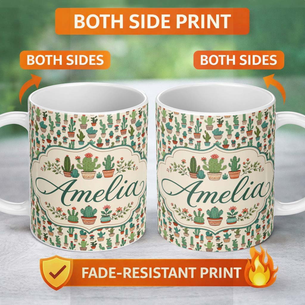 Personalized Custom Name Cute Mixed Potted Cactus Collection on Beige Background Seamless 11oz Ceramic Coffee Tea Mug White Large Handle