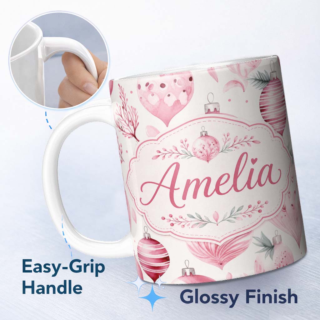 Personalized Custom Name Elegant Pink Christmas Baubles Watercolor Seamless Pattern Lovely 11oz Ceramic Coffee Tea Mug White Large Handle