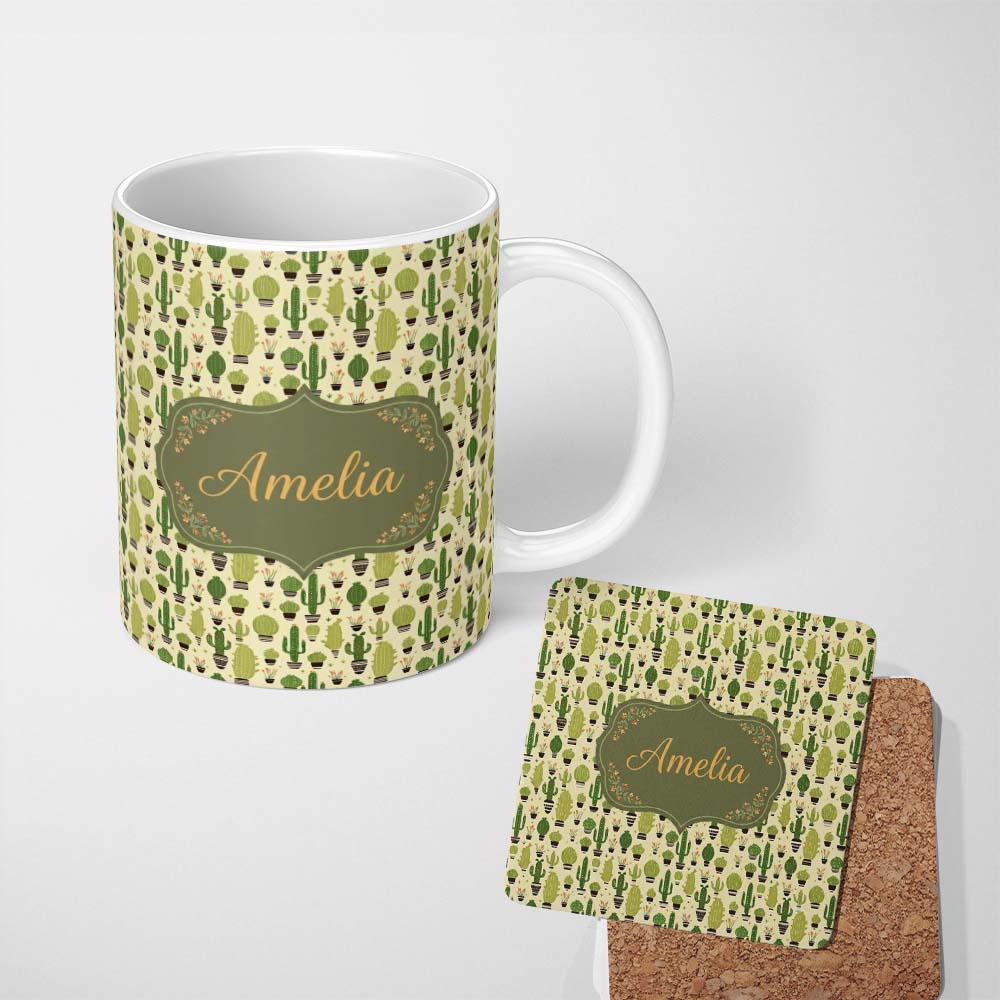 Personalized Custom Name Simple Green Cactus and Succulent Shapes on Neutral Background 11oz Ceramic Coffee Tea Mug White Large Handle