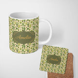 Personalized Custom Name Simple Green Cactus and Succulent Shapes on Neutral Background 11oz Ceramic Coffee Tea Mug White Large Handle