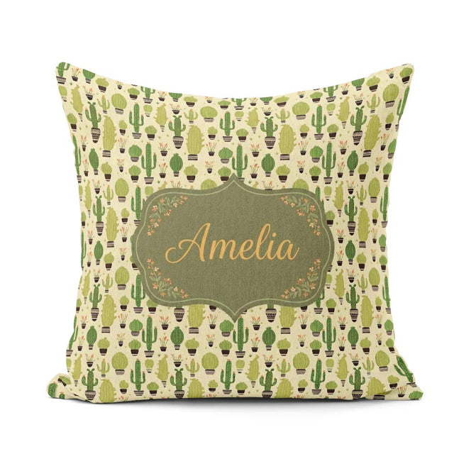 Custom Name Simple Green Cactus and Shapes on Neutral Background Square Filled Cushion Throw Pillow Sofa Bed Home Decor Zip Washable UK Made