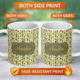 Personalized Custom Name Simple Green Cactus and Succulent Shapes on Neutral Background 11oz Ceramic Coffee Tea Mug White Large Handle