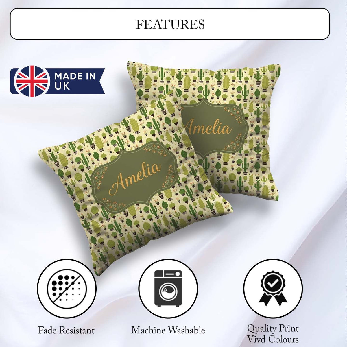 Custom Name Simple Green Cactus and Shapes on Neutral Background Square Filled Cushion Throw Pillow Sofa Bed Home Decor Zip Washable UK Made