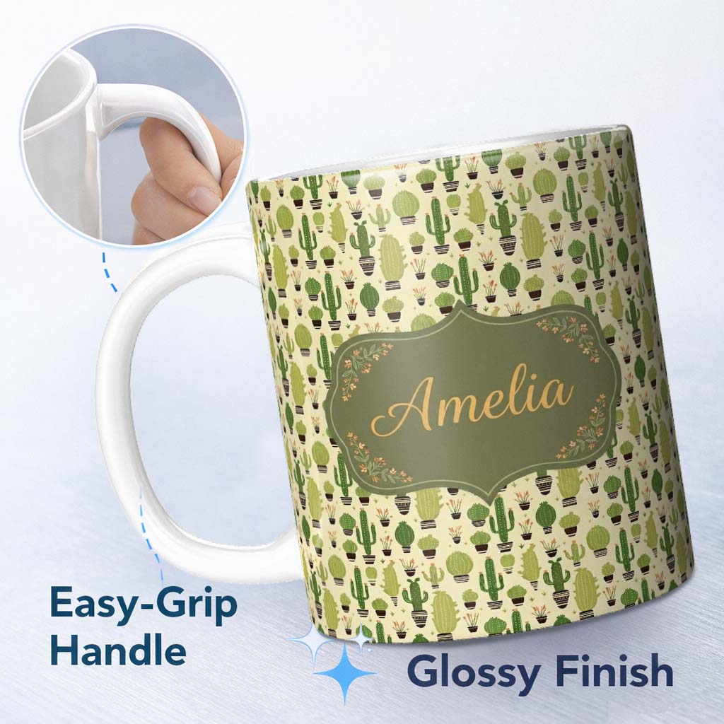 Personalized Custom Name Simple Green Cactus and Succulent Shapes on Neutral Background 11oz Ceramic Coffee Tea Mug White Large Handle