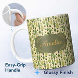 Personalized Custom Name Simple Green Cactus and Succulent Shapes on Neutral Background 11oz Ceramic Coffee Tea Mug White Large Handle