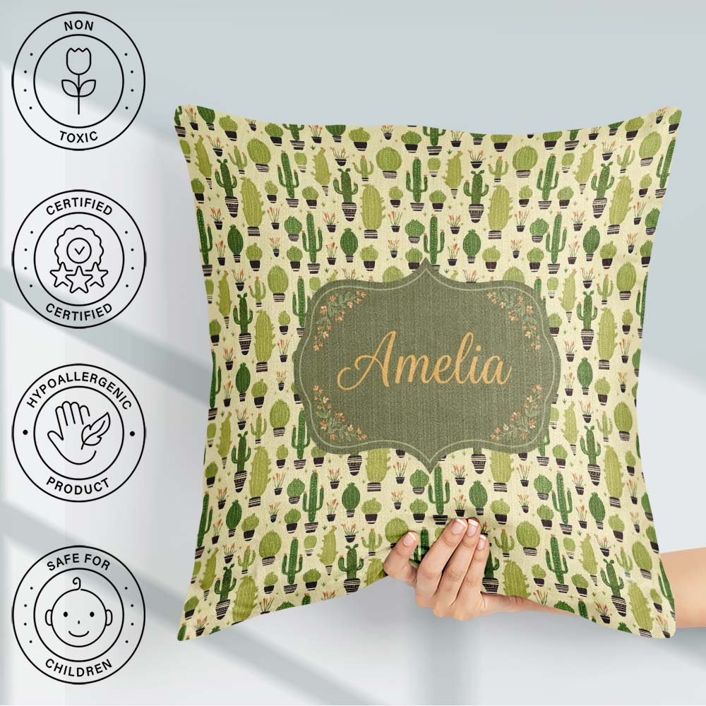 Custom Name Simple Green Cactus and Shapes on Neutral Background Square Filled Cushion Throw Pillow Sofa Bed Home Decor Zip Washable UK Made