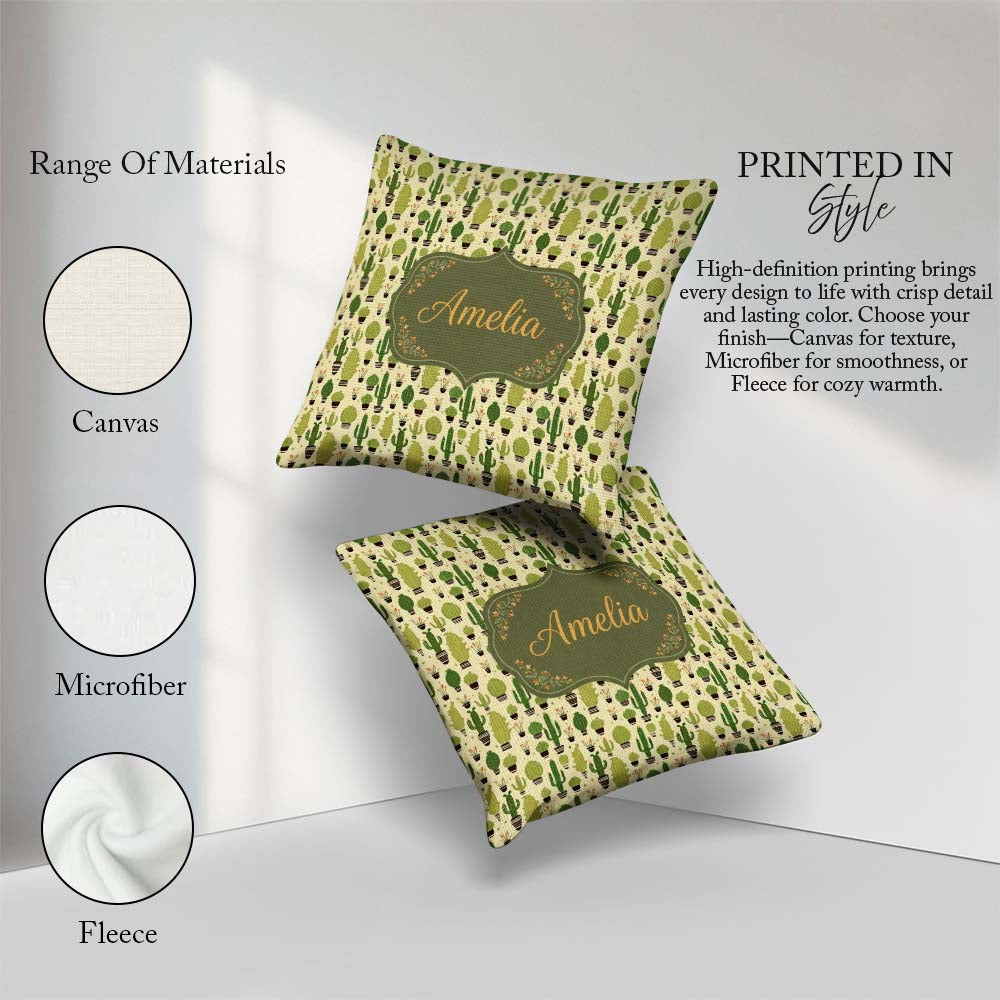 Custom Name Simple Green Cactus and Shapes on Neutral Background Square Filled Cushion Throw Pillow Sofa Bed Home Decor Zip Washable UK Made