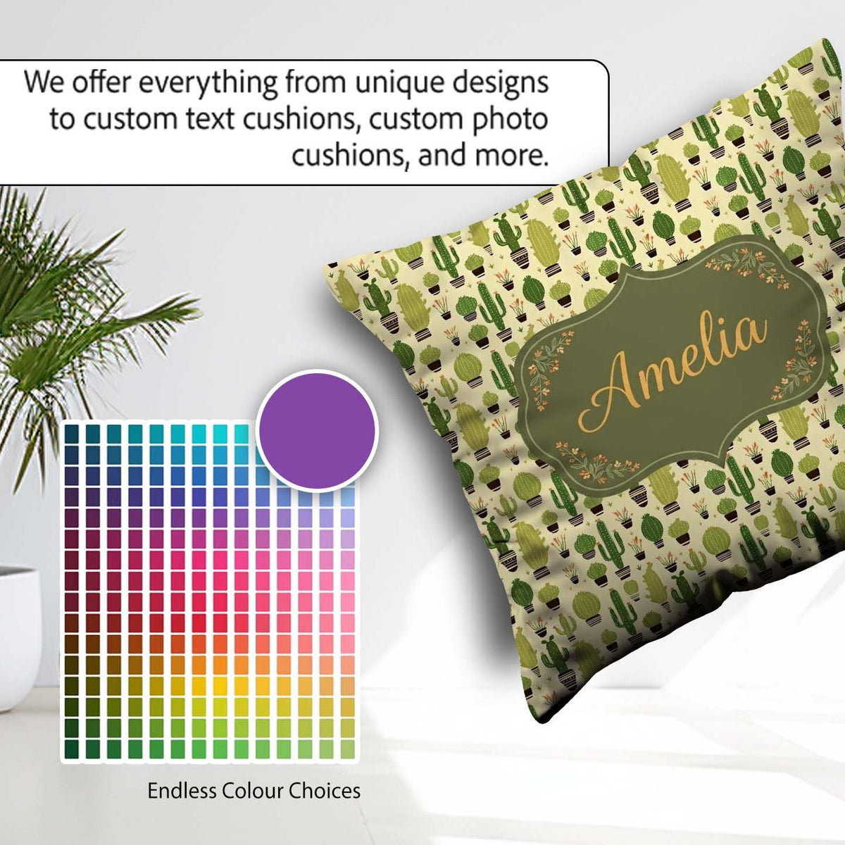 Custom Name Simple Green Cactus and Shapes on Neutral Background Square Filled Cushion Throw Pillow Sofa Bed Home Decor Zip Washable UK Made