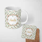 Personalized Custom Name Soft Watercolor Green Cactus Pots Minimal Seamless Pattern Name Cute 11oz Ceramic Coffee Tea Mug White Large Handle