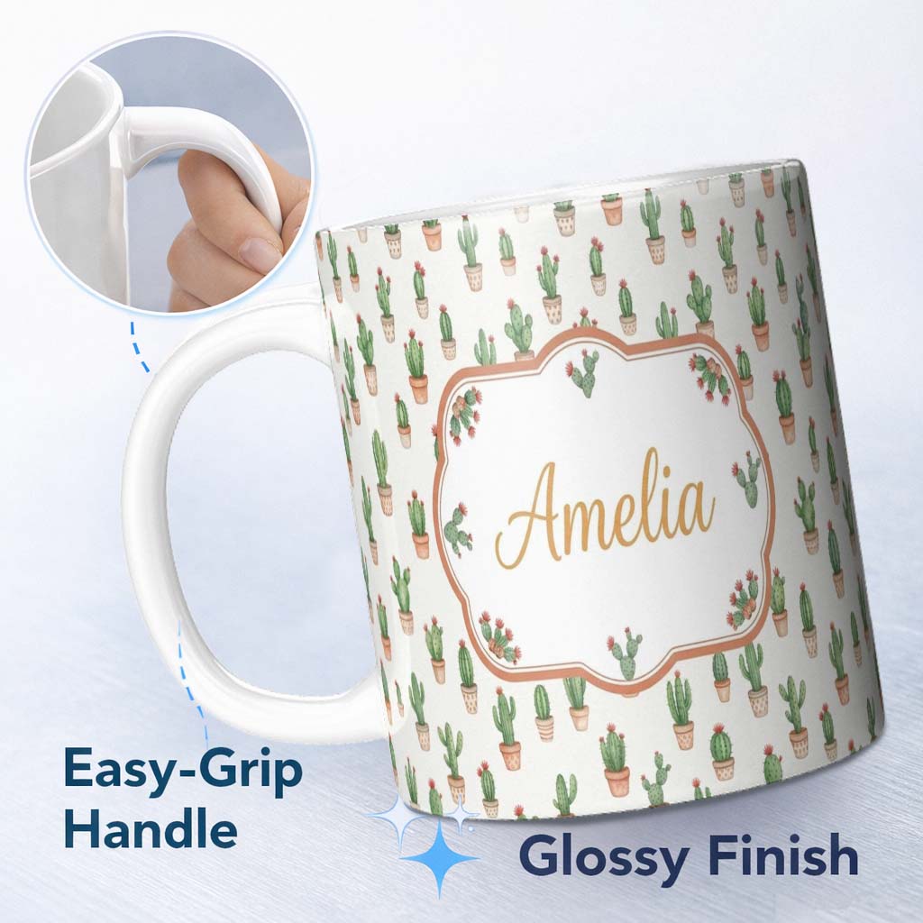 Personalized Custom Name Soft Watercolor Green Cactus Pots Minimal Seamless Pattern Name Cute 11oz Ceramic Coffee Tea Mug White Large Handle