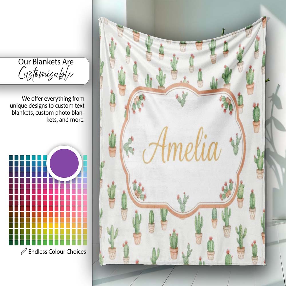 Soft Watercolor Green Cactus Pots Minimal Seamless Pattern Name Cute  Personalised Custom Name Super Soft Fleece Blanket Bed Sofa Throw