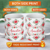 Personalized Custom Name Watercolor Poinsettia Floral Christmas Festive Seamless Pattern 11oz Ceramic Coffee Tea Mug White Large Handle