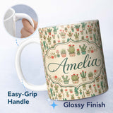 Personalized Custom Name Cute Vintage Style Cactus and Flower Pots Beige Seamless Pattern 11oz Ceramic Coffee Tea Mug White Large Handle