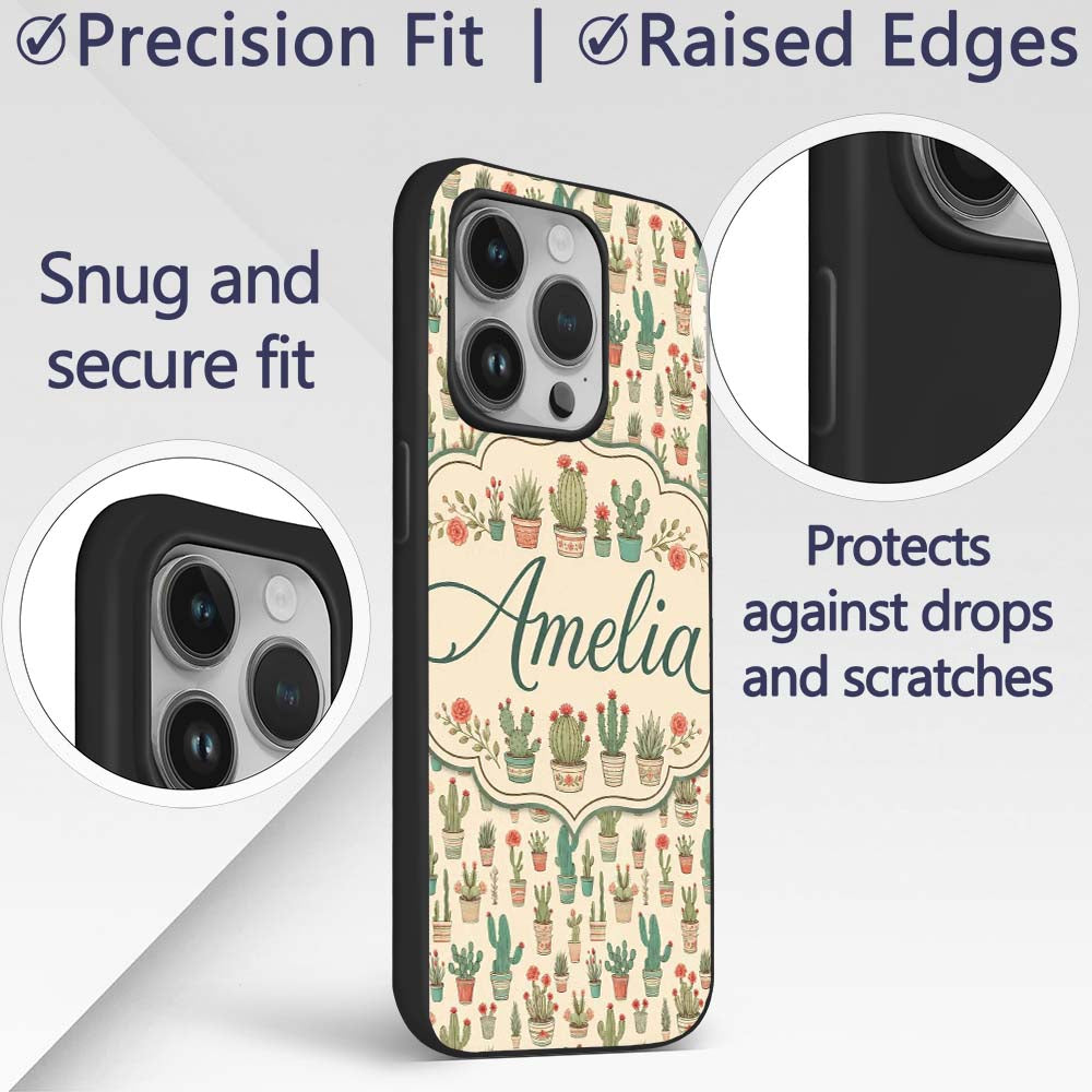 Cute Vintage Style Cactus and Flower Pots Beige Custom Name Protective Phone Case Mobile Cover Durable Everyday Smartphone Shock Resistant