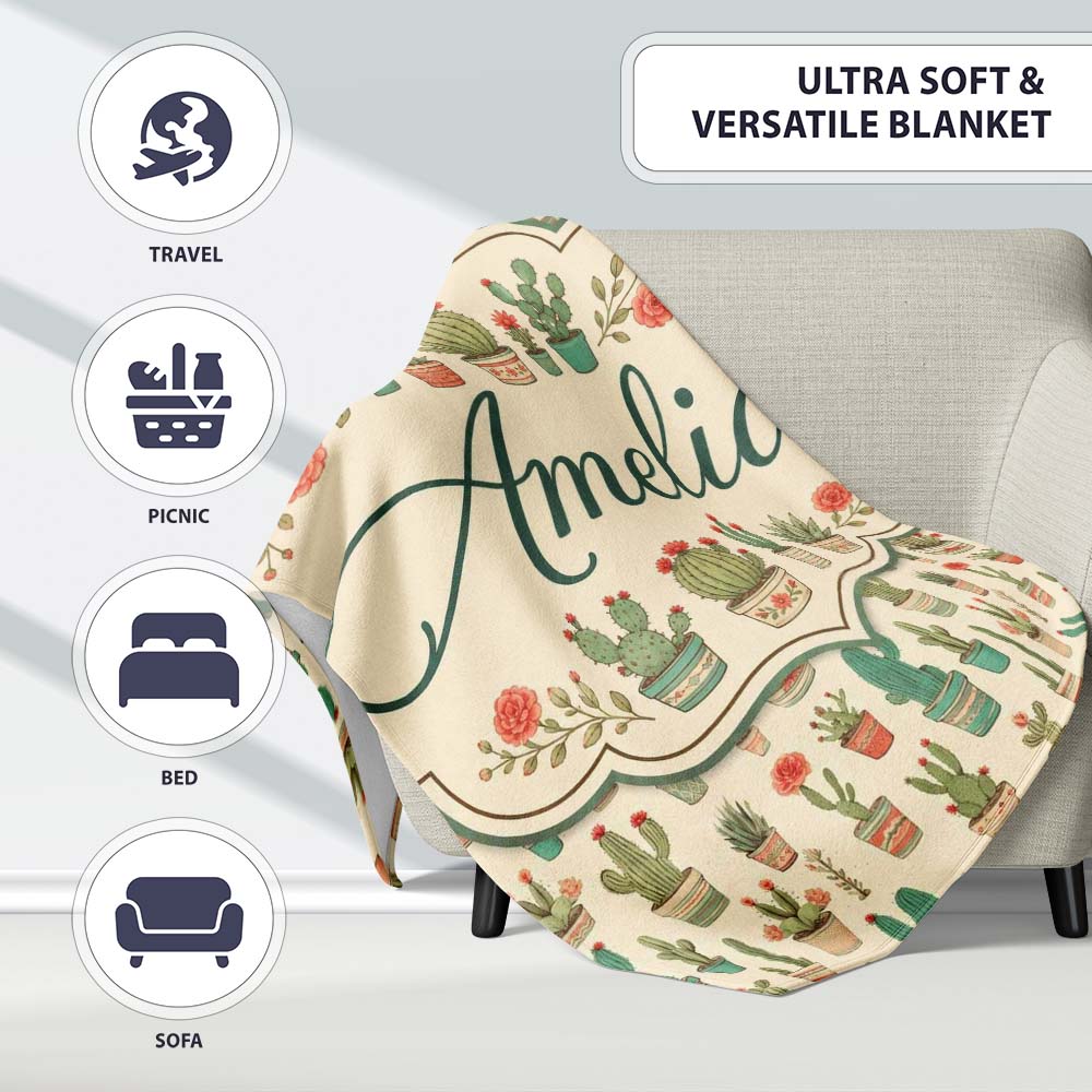 Cute Vintage Style Cactus and Flower Pots Beige Seamless Pattern  Personalised Custom Name Super Soft Fleece Blanket Bed Sofa Throw