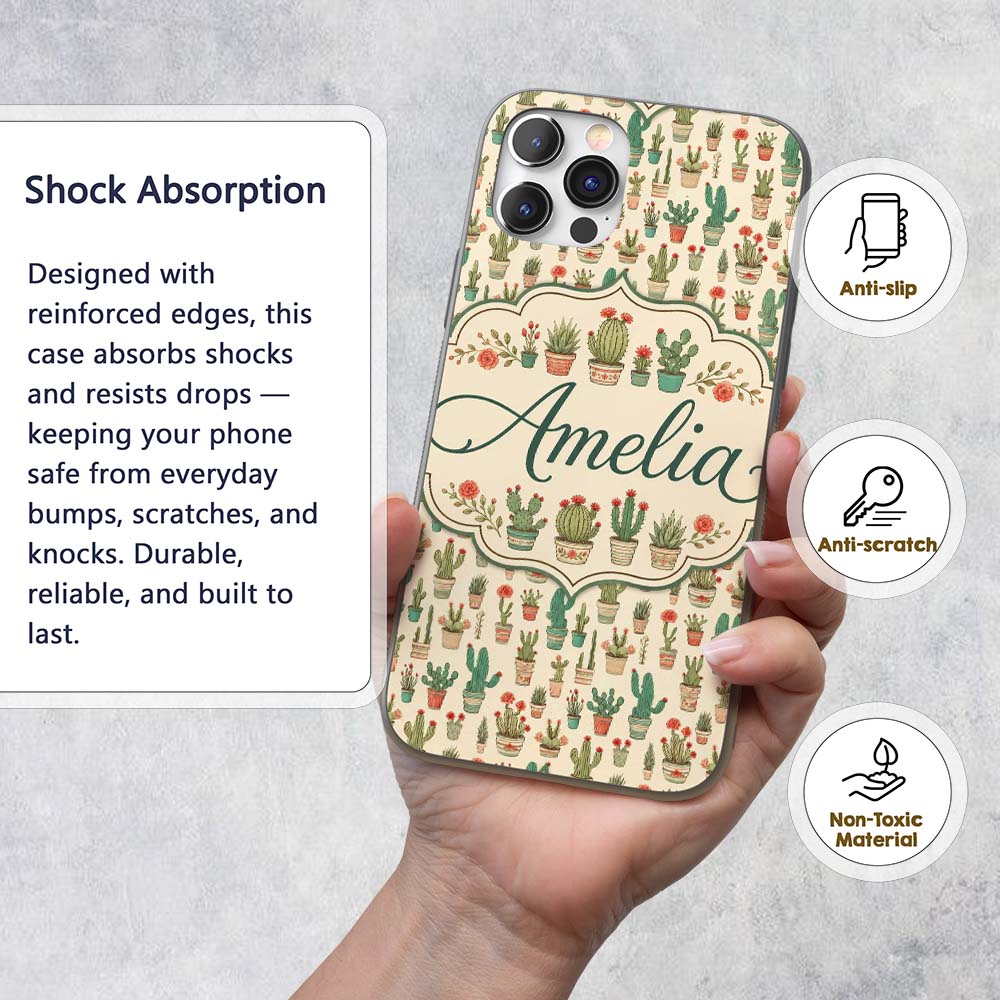 Cute Vintage Style Cactus and Flower Pots Beige Custom Name Protective Phone Case Mobile Cover Durable Everyday Smartphone Shock Resistant