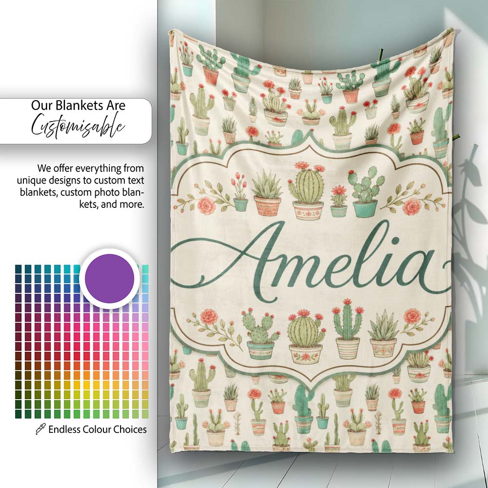 Cute Vintage Style Cactus and Flower Pots Beige Seamless Pattern  Personalised Custom Name Super Soft Fleece Blanket Bed Sofa Throw