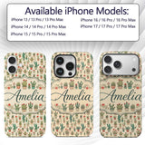 Cute Vintage Style Cactus and Flower Pots Beige Custom Name Protective Phone Case Mobile Cover Durable Everyday Smartphone Shock Resistant