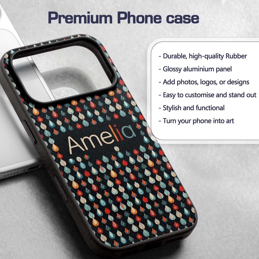 Colorful Leaf Drops Geometric Dark Background Custom Name Protective Phone Case Mobile Cover Durable Everyday Smartphone Shock Resistant