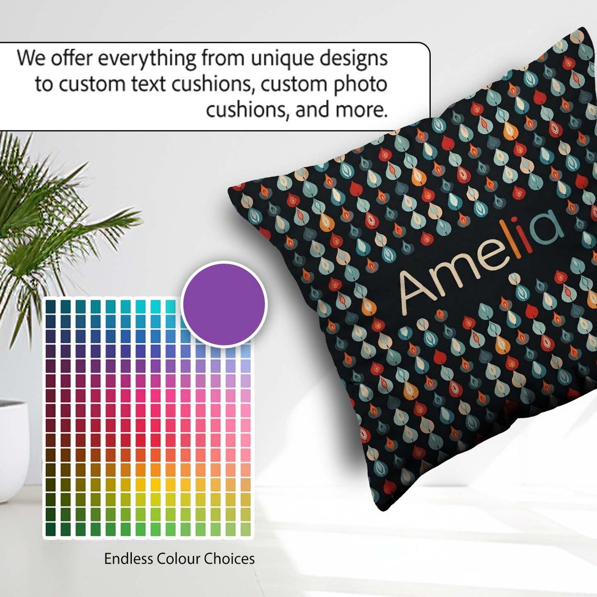 Custom Name Colorful Leaf Drops Dark Background Seamless Pattern Square Filled Cushion Throw Pillow Sofa Bed Home Decor Zip Washable UK Made