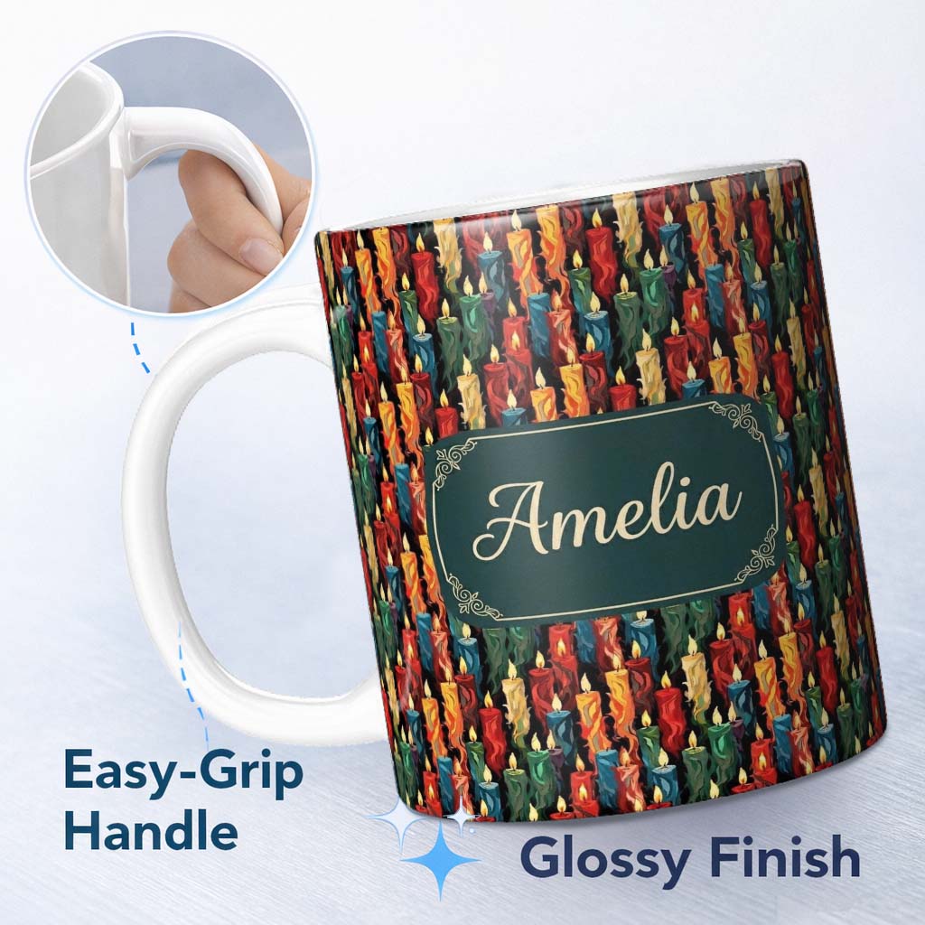 Personalized Custom Name Vibrant Multicolor Dripping Wax Candles Dark Seamless Pattern Name 11oz Ceramic Coffee Tea Mug White Large Handle