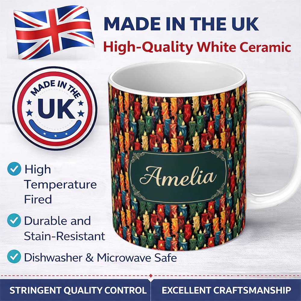 Personalized Custom Name Vibrant Multicolor Dripping Wax Candles Dark Seamless Pattern Name 11oz Ceramic Coffee Tea Mug White Large Handle